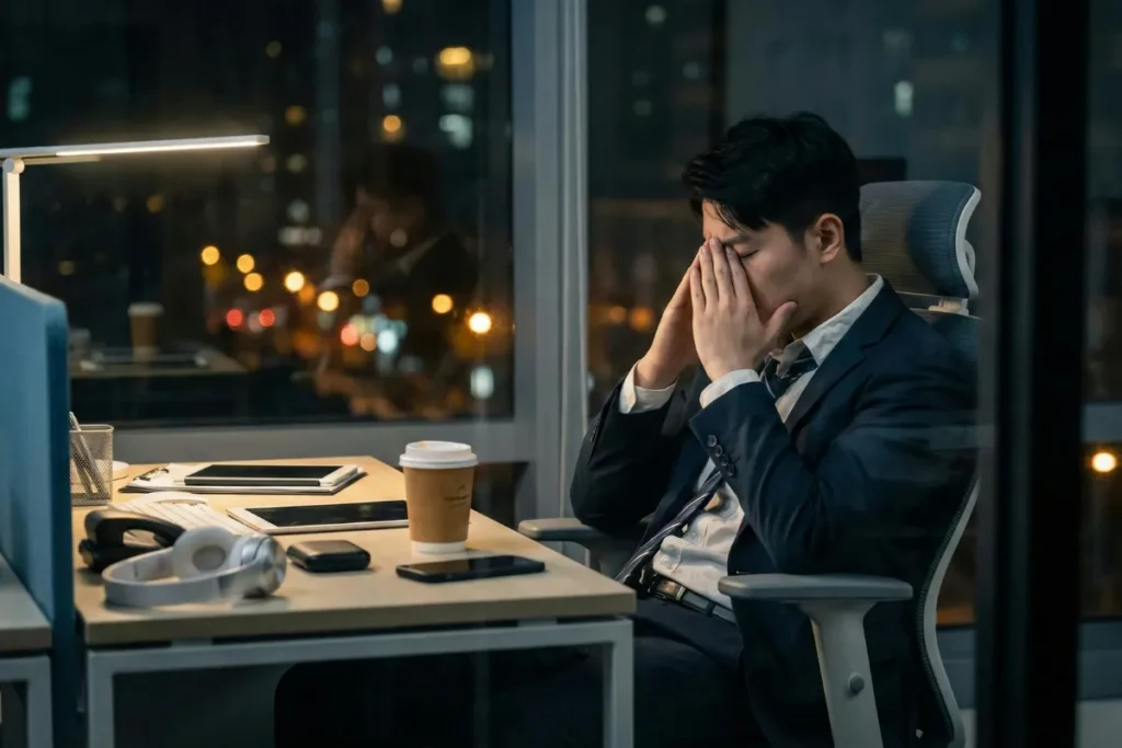 Homem trabalhando em escritório à noite.