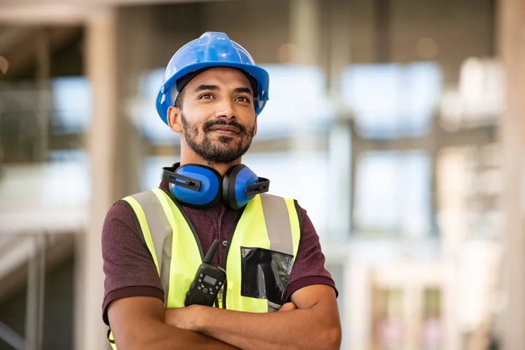 Trabalhador usando colete, capacete e abafador