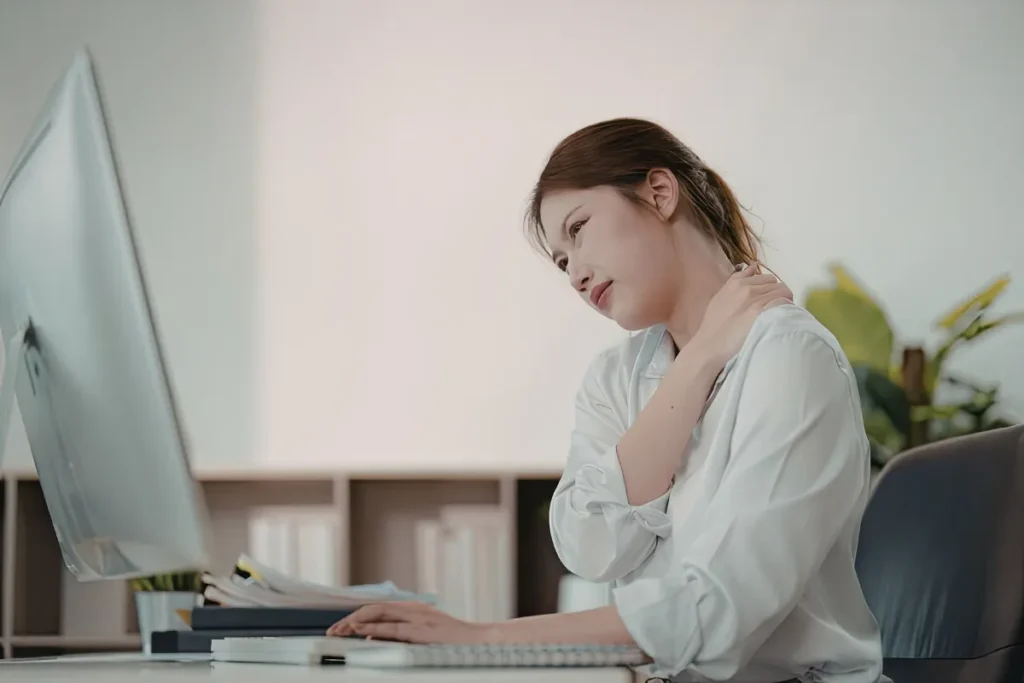 Mulher sentada de frente para um laptop, com uma mão na região do pescoço.