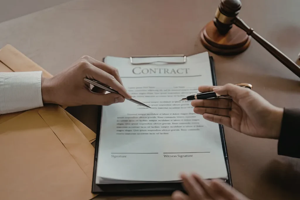 Duas pessoas apontando e assinando um contrato sobre uma mesa onde também há um martelo de juiz e documentos.