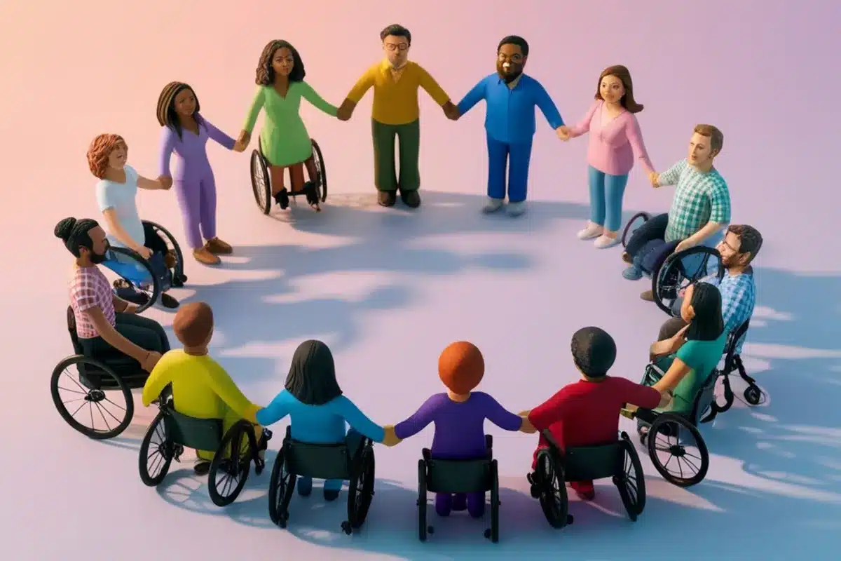 Grupo diverso de pessoas, incluindo cadeirantes, formando um círculo de mãos dadas em representação de inclusão