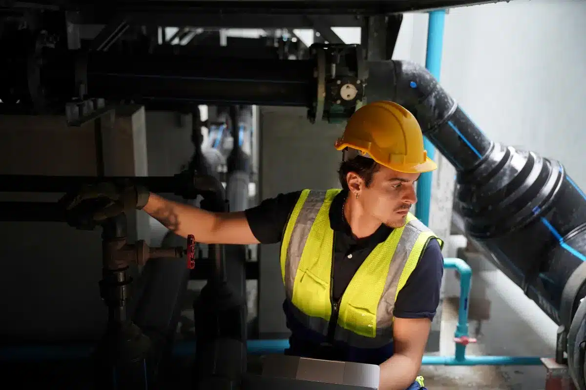 trabalhador com capacete e colete refletivo inspecionando tubulações e equipamentos industriais