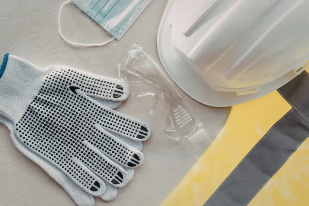 Luva com pontos antiderrapantes, óculos de proteção, máscara e capacete branco sobre uma mesa