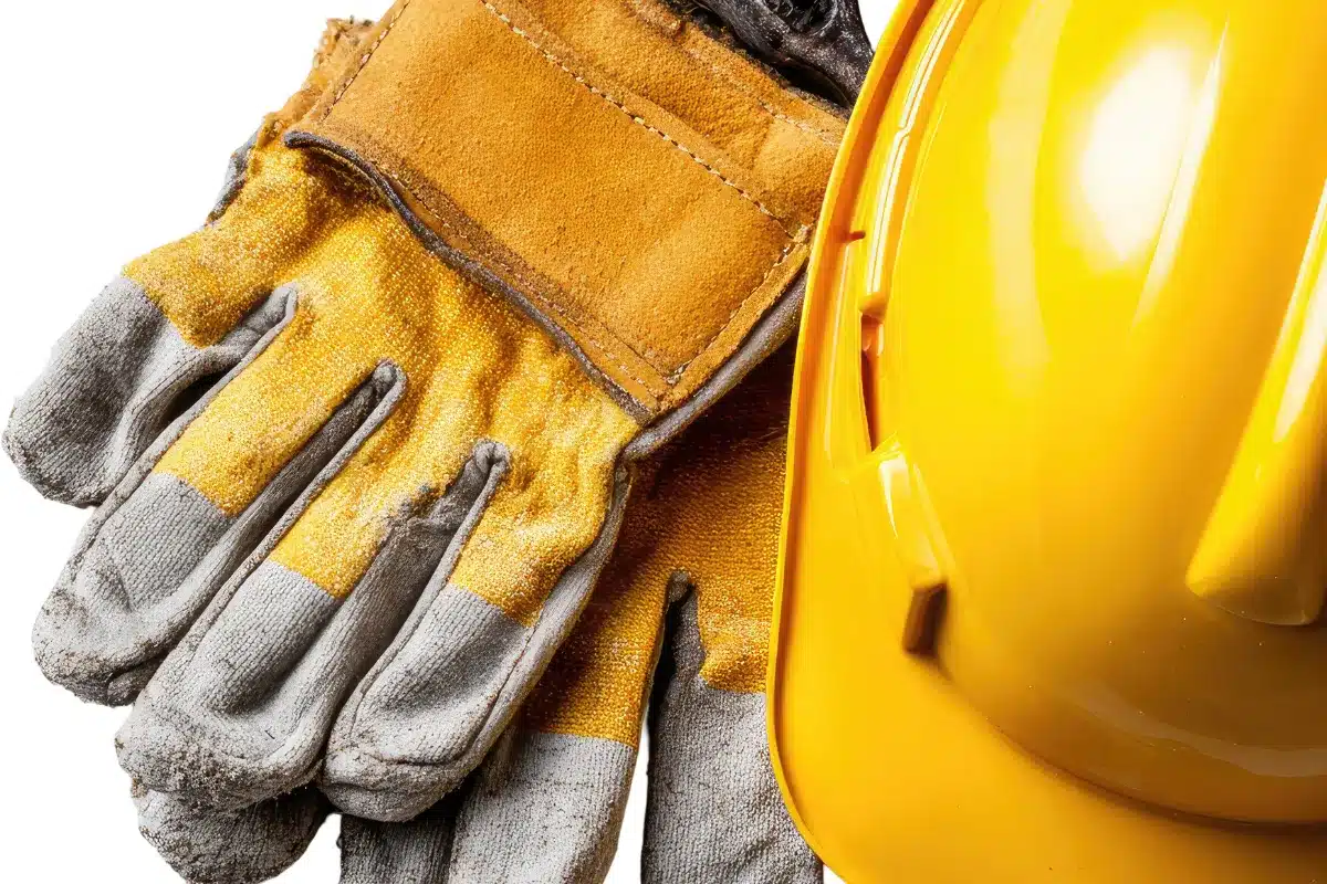 Luvas de proteção usadas ao lado de um capacete de segurança amarelo sobre superfície clara