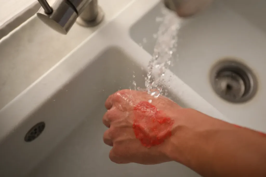 Mão com queimadura sendo resfriada em água corrente na pia como medida imediata de primeiros socorros.