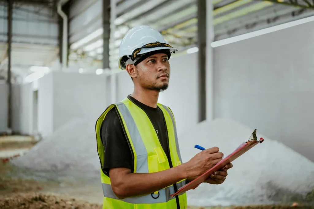 Trabalhador com capacete e colete refletivo anotando dados em prancheta em área industrial
