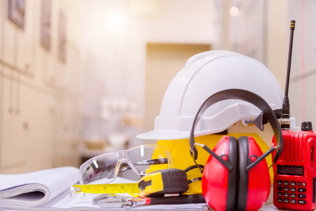 equipamentos de proteção individual como capacete, óculos, protetor auricular e rádio sobre mesa