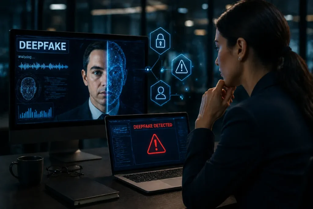 Mulher observa tela com vídeo deepfake sendo analisado e alerta de detecção em laptop, em ambiente corporativo moderno