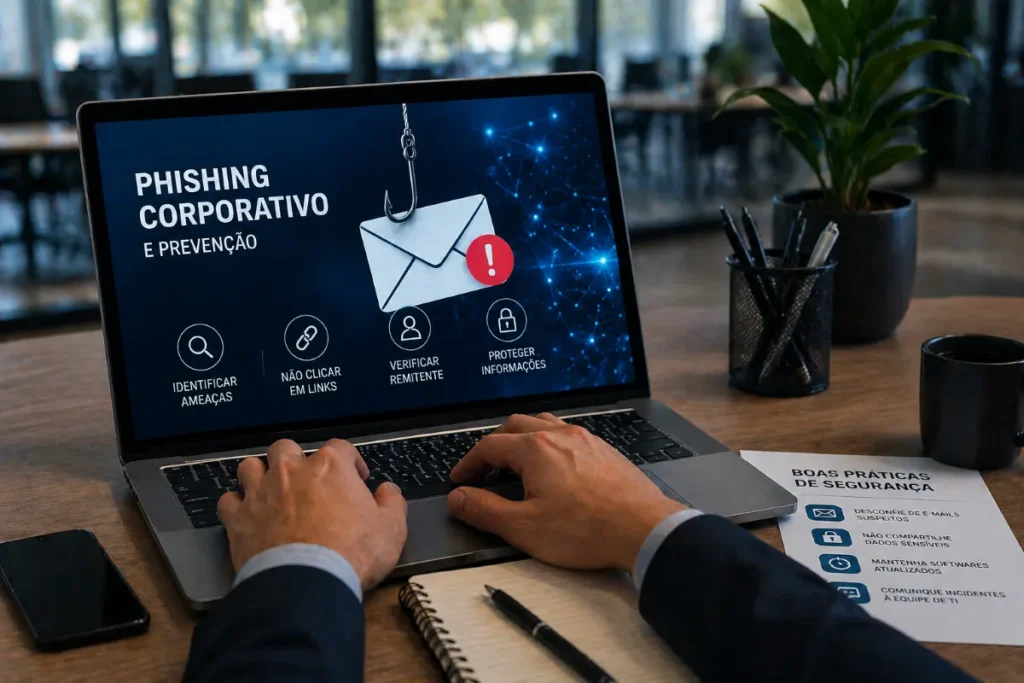 Pessoa utiliza notebook com orientações de segurança contra phishing enquanto documento ao lado destaca boas práticas de proteção de dados