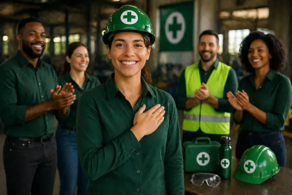 Profissional com capacete de segurança durante SIPAT coloca a mão no peito em gesto de compromisso enquanto equipe aplaude ao fundo