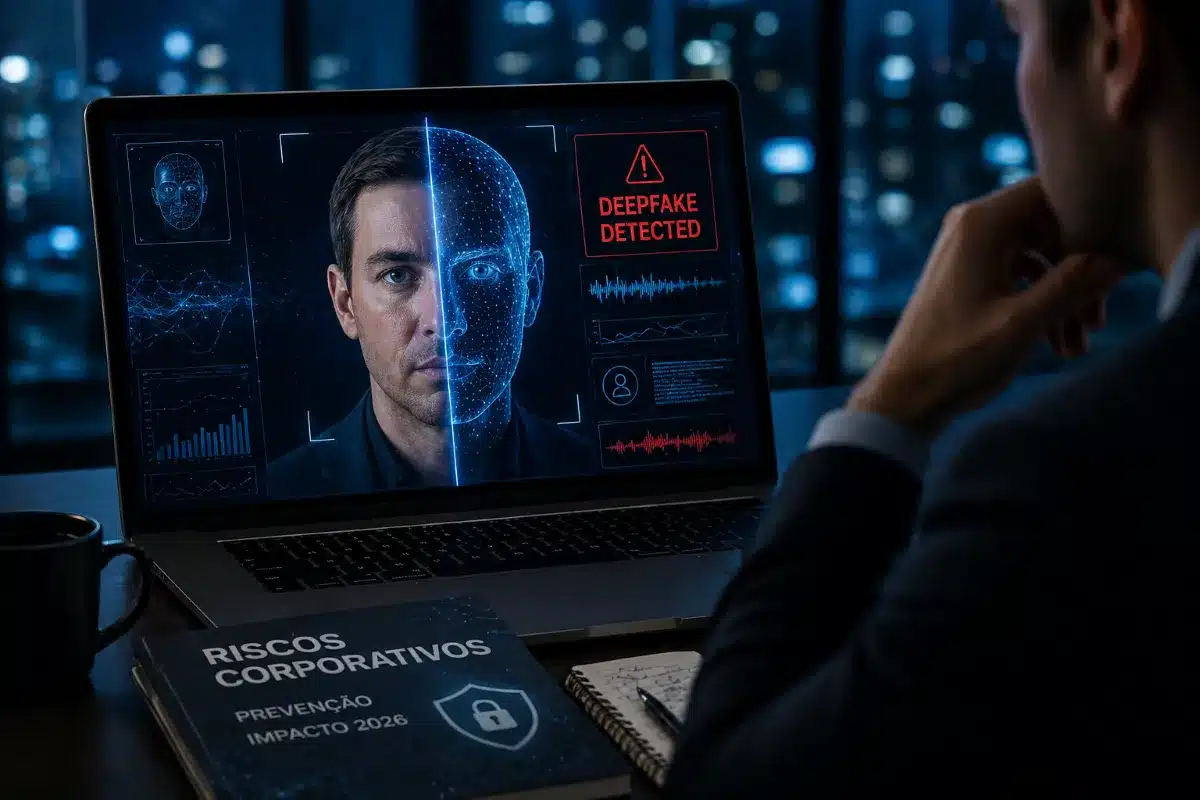 Notebook exibindo rosto dividido entre humano e digital com alerta de deepfake detectado, em ambiente corporativo noturno