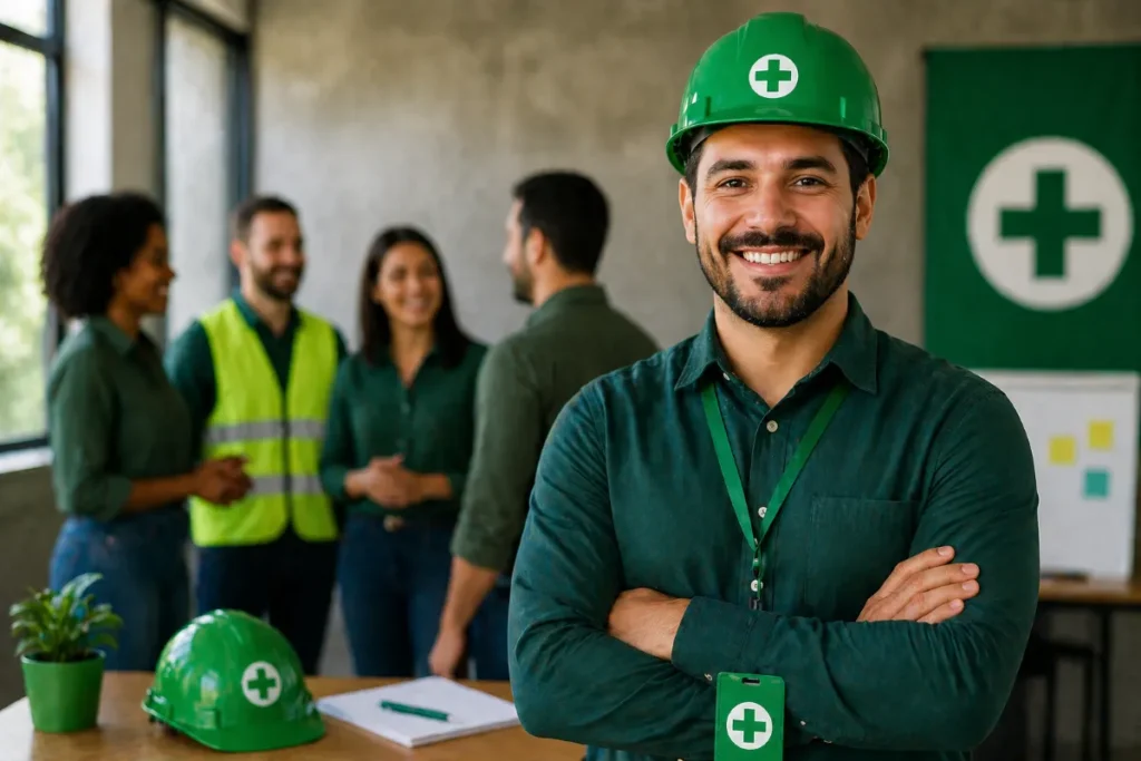 Líder com capacete e crachá sorri em ambiente corporativo enquanto equipe conversa ao fundo durante ações da SIPAT