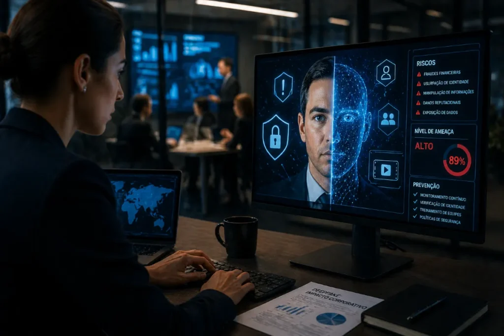 Profissional analisa monitor com interface de segurança exibindo deepfake e indicadores de risco corporativo em escritório