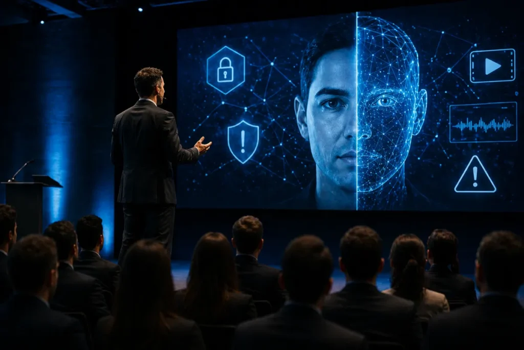 Palestrante apresenta riscos de deepfake em telão para colaboradores durante evento corporativo SIPAT
