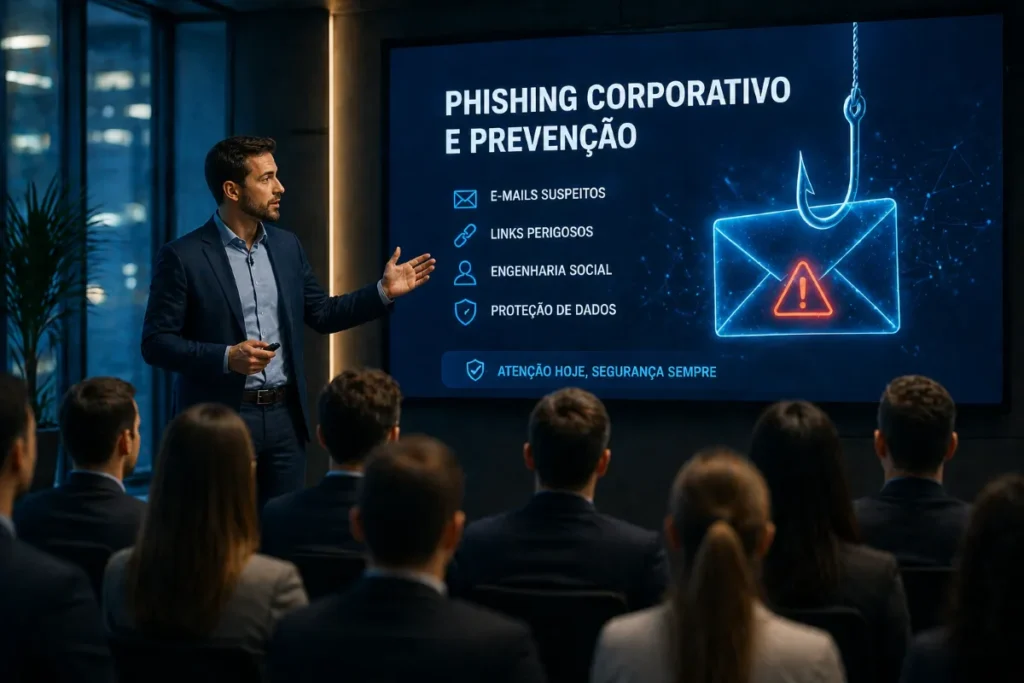 Palestrante apresenta riscos de phishing corporativo em telão para equipe durante treinamento empresarial focado em segurança digital