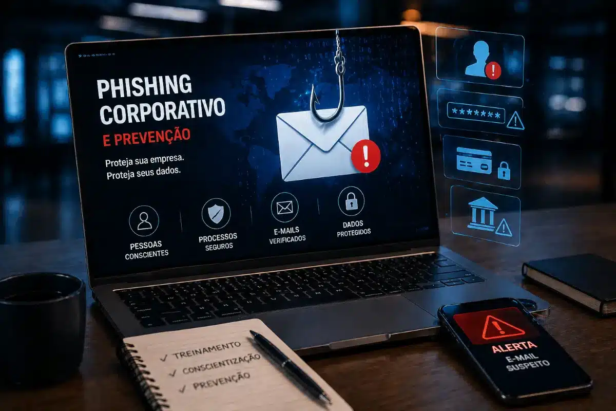 Notebook exibe alerta de phishing corporativo com envelope preso em gancho e ícones de segurança digital em ambiente empresarial