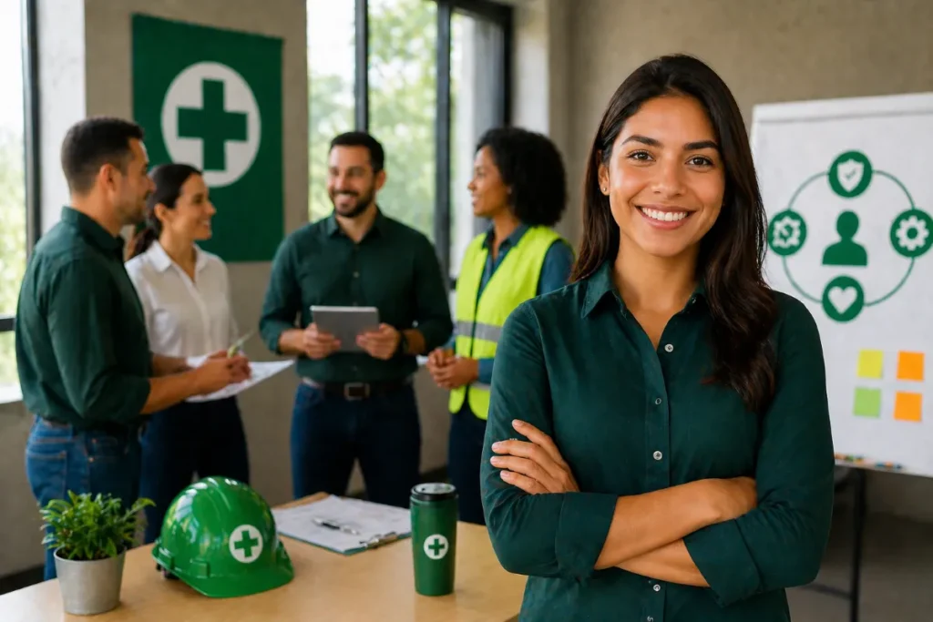 Colaboradora em destaque com equipe ao fundo durante SIPAT, demonstrando protagonismo e participação em ações de segurança corporativa