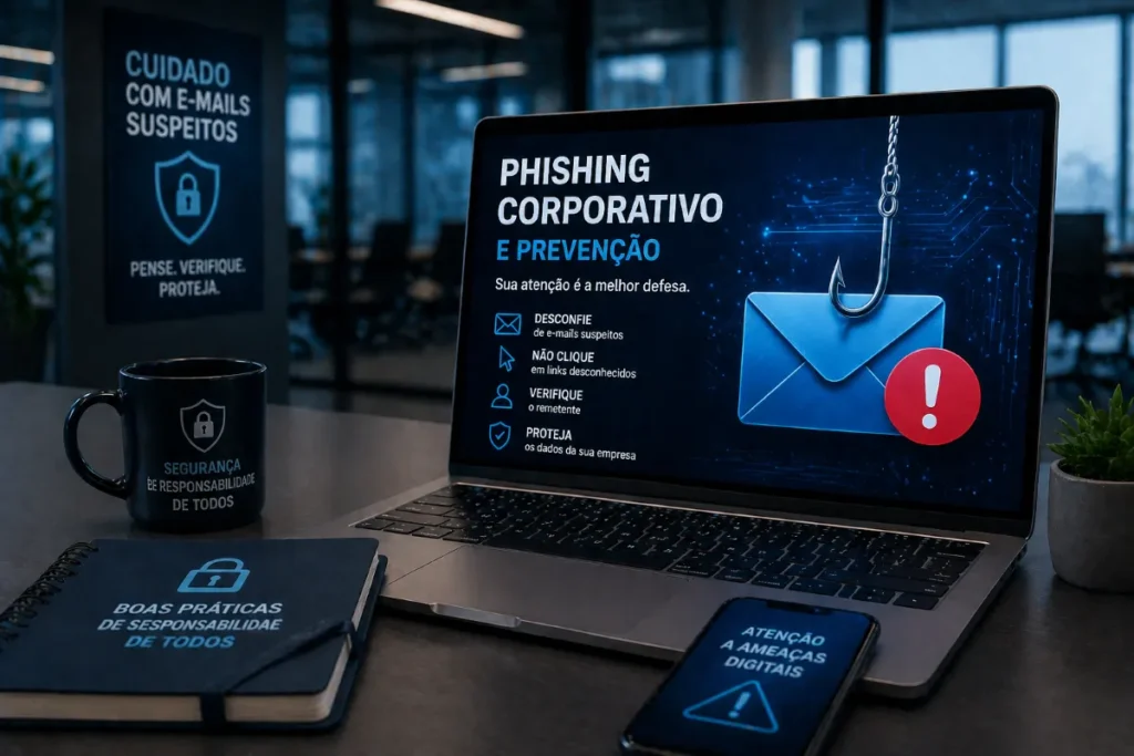 Tela de notebook com orientações sobre phishing corporativo enquanto ambiente de escritório exibe aviso de cuidado com e-mails suspeitos