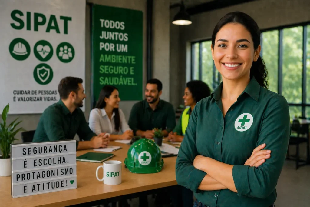 Colaboradora sorrindo em ambiente corporativo durante SIPAT, com equipe ao fundo e mensagens sobre segurança e protagonismo