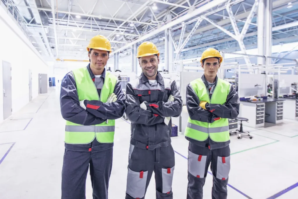 Equipe de trabalhadores com capacetes e coletes refletivos em ambiente industrial representando organização e participação na CIPA