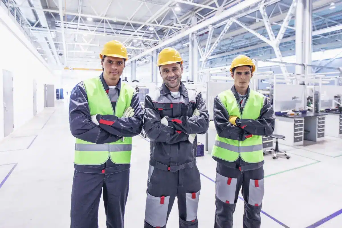 Equipe de trabalhadores com capacetes e coletes refletivos em ambiente industrial representando organização e participação na CIPA