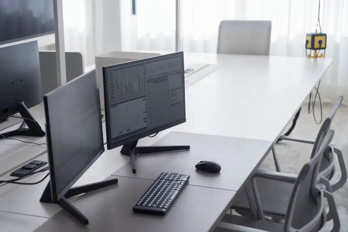 Estação de trabalho com computadores e monitores em ambiente de escritório