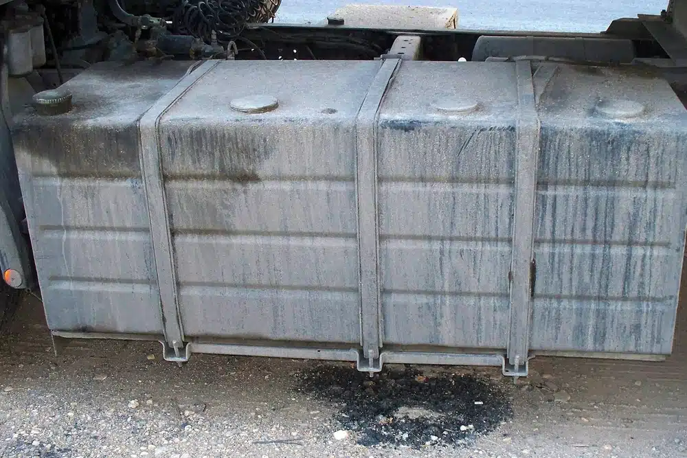 Tanque de combustível de metal preso por cintas ao chassi de um caminhão