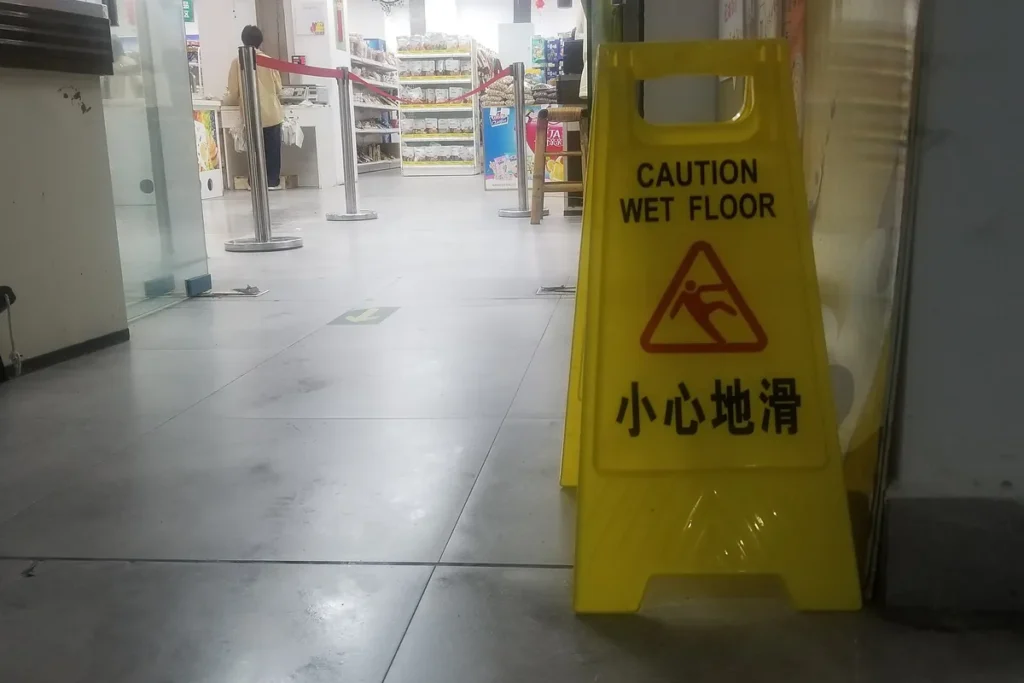 Placa amarela de piso molhado na entrada de um corredor com chão de cerâmica