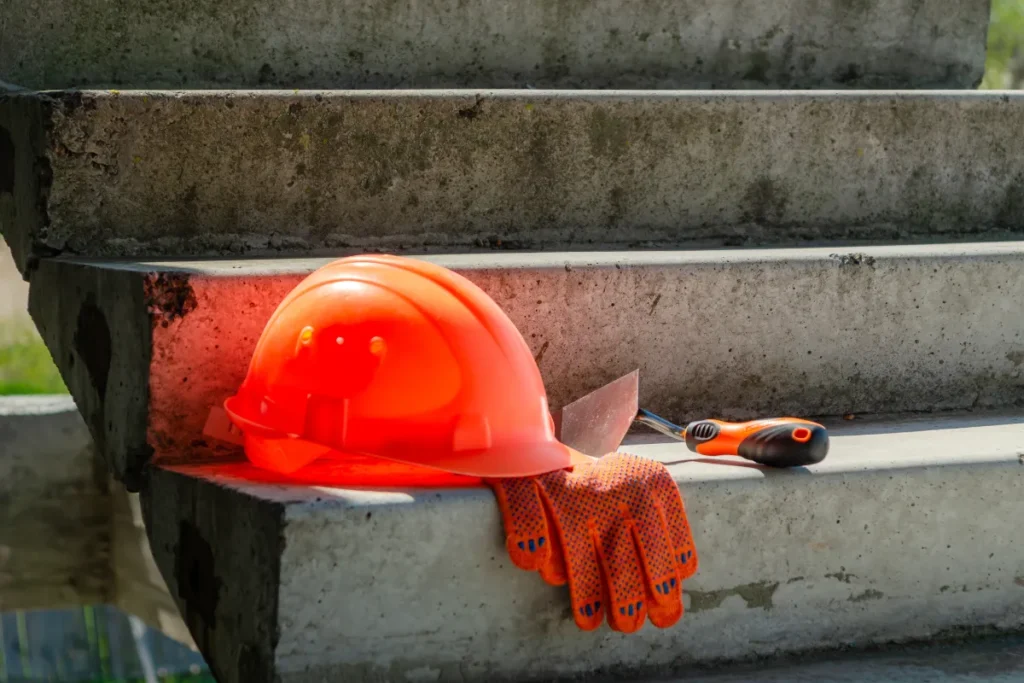 Capacete de segurança laranja, luvas e ferramentas apoiados em escada de concreto representando uso de EPI conforme normas da CIPA