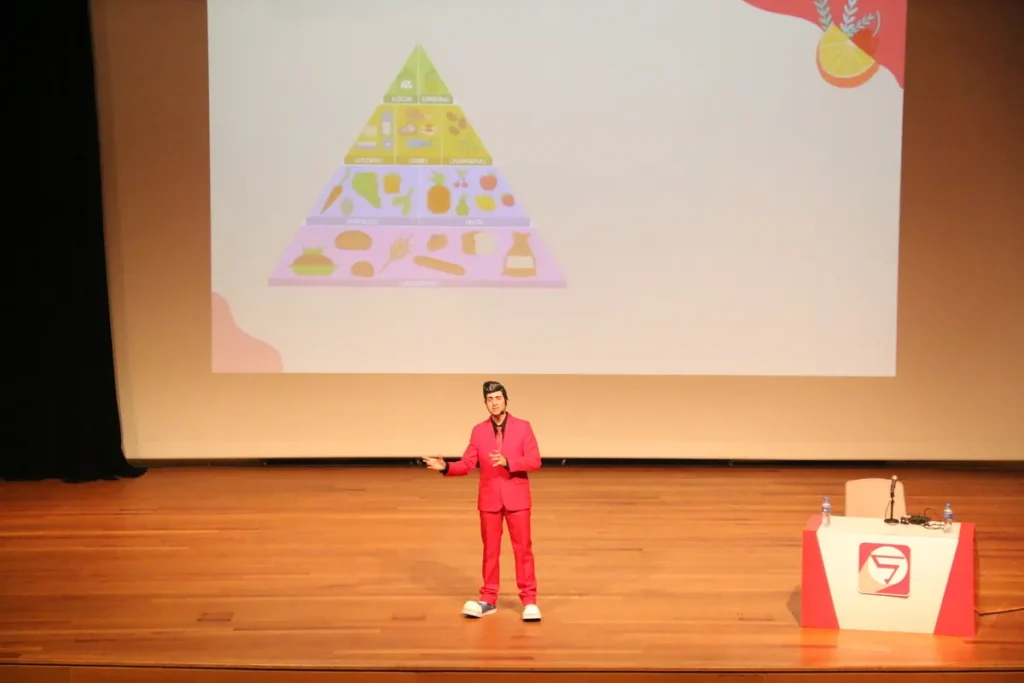 Um homem, com um terno vermelho e sapatos de palhaço, em pé em um palco, aponta para uma pirâmide alimentar em um telão. A imagem pode ilustrar uma apresentação sobre a importância da dieta e nutrição na prevenção e no tratamento de doenças, como a infecção fúngica.