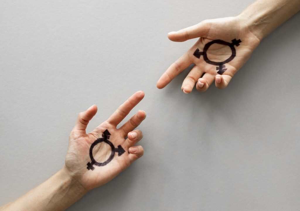 Duas mãos abertas com o símbolo transgênero desenhado nas palmas, sugerindo diversidade e expressão da identidade de gênero.